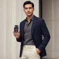 Maison Alhambra Dark Door Intense by Maison Alhambra 100ml Men — A man in a dark suit and light trousers holds a clear perfume bottle with a black label and cap, standing against a light-colored building | Maison Alhambra Dark Door Intense by Maison Alhambra 100ml Men — Seorang lelaki berbaju gelap dan seluar cerah