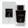 Maison Alhambra Dark Door Sport Men 100ml EDP — A white box with a black label featuring a deer logo and text sits next to a clear glass perfume bottle with a black label and silver cap, both displaying the same branding. | Maison Alhambra Dark Door Sport Men 100ml EDP — Kotak putih dengan label hitam menampilkan logo