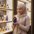 Maison Alhambra Philos Centro 100ml EDP — A smiling woman in a hijab holds a purple perfume bottle with a gold ring cap, looking at it with delight in a well-lit store with shelves of other perfumes. | Maison Alhambra Philos Centro 100ml EDP — Seorang wanita tersenyum memakai hijab memegang botol minyak wangi ungu