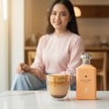 Maison Alhambra Decadent Wonder Her EDP 100 ml Alhambra — A woman in a pink top and blue pants sits in the background, smiling, with a latte and a peach-colored perfume bottle on a marble table in the foreground. | Maison Alhambra Decadent Wonder Her EDP 100 ml Alhambra — Seorang wanita berbaju merah jambu dan seluar