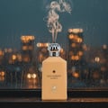 Maison Alhambra Decadent Wonder Her EDP 100 ml Alhambra — A peach-colored perfume bottle with a silver cap sits on a dark surface, with smoke rising from the cap. The background is a blurry city skyline at night with rain on the window. | Maison Alhambra Decadent Wonder Her EDP 100 ml Alhambra — Botol minyak wangi