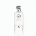Maison Alhambra Delilah Blanc by Maison Alhambra 100ml EDP — A white frosted glass perfume bottle with a silver patterned cap, featuring a circular emblem and a deer silhouette on the lower half. | Maison Alhambra Delilah Blanc by Maison Alhambra 100ml EDP — Botol kaca putih beku dengan penutup berona perak bermotif