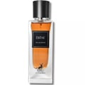 Maison Alhambra Ebene Eau de Parfum — A clear glass perfume bottle with amber liquid, a black textured cap, and a black label with white text and a deer silhouette | Maison Alhambra Ebene Eau de Parfum — Botol kaca jernih dengan cecair berwarna ambar, penutup bertekstur hitam, dan label hitam dengan teks putih serta