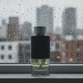 Maison Alhambra Encode By Maison Alhambra 100ml for Man — A perfume bottle with a black textured band and silver cap sits on a windowsill with raindrops on the glass, obscuring a city skyline. | Maison Alhambra Encode By Maison Alhambra 100ml for Man — Botol minyak wangi dengan jalur bertekstur hitam dan penutup perak