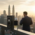 Maison Alhambra Encode By Maison Alhambra 100ml for Man — A perfume bottle and its box sit on a railing with a city skyline and skyscrapers in the background at sunset. | Maison Alhambra Encode By Maison Alhambra 100ml for Man — Botol minyak wangi dan kotaknya diletakkan di atas palang dengan latar belakang kaki