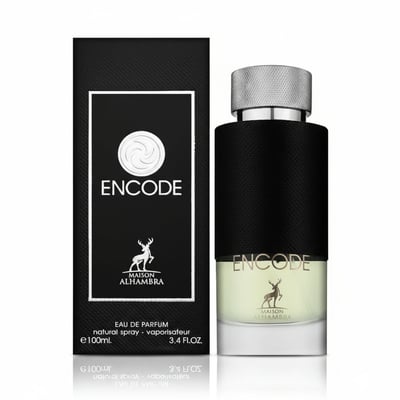 Maison Alhambra Encode By Maison Alhambra 100ml for Man — A black box with a white circular logo and the word ENCODE, next to a clear glass perfume bottle with a black textured band and silver cap, showing light green liquid. | Maison Alhambra Encode By Maison Alhambra 100ml for Man — Kotak hitam dengan logo bulat