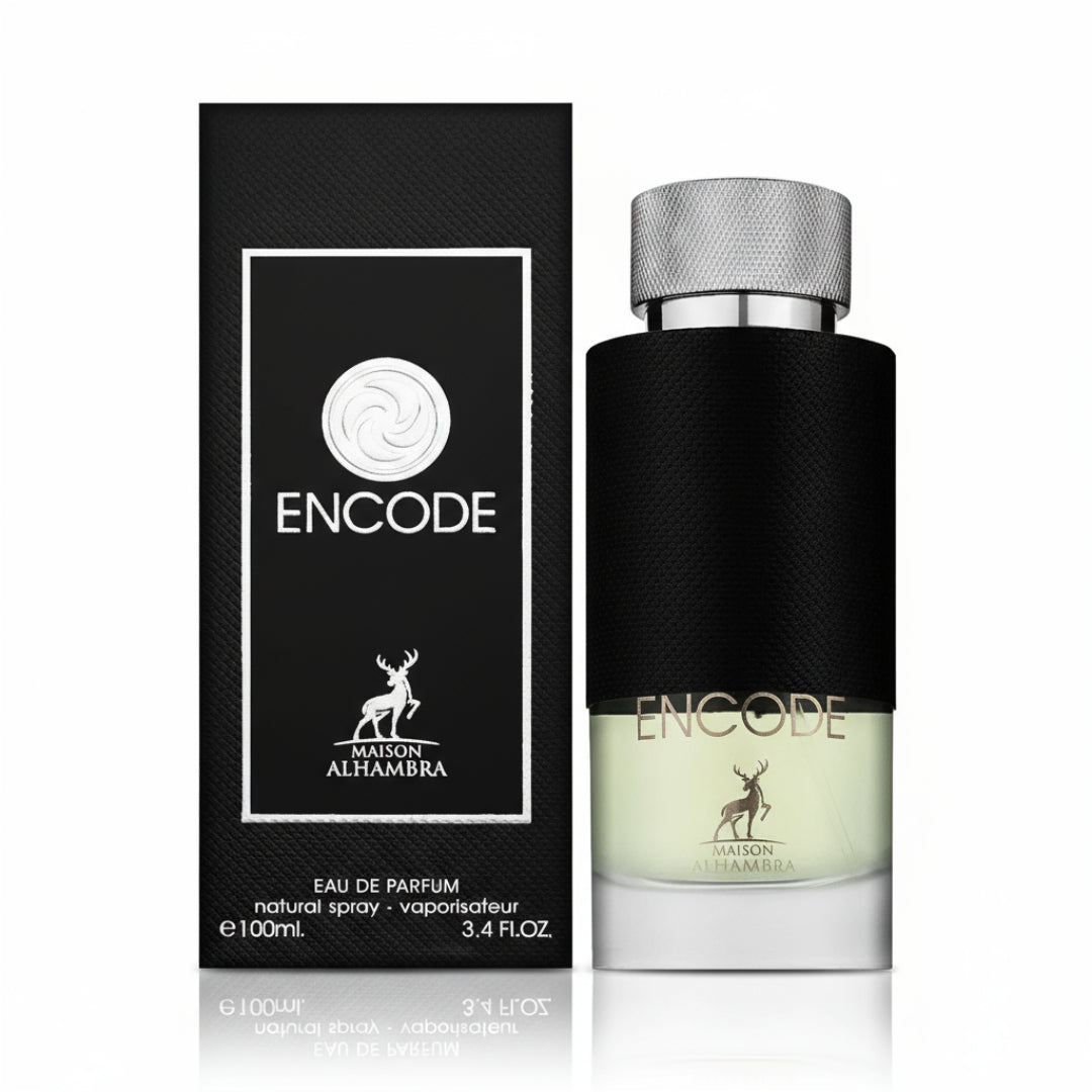 Maison Alhambra Encode By Maison Alhambra 100ml for Man — A black box with a white circular logo and the word ENCODE, next to a clear glass perfume bottle with a black textured band and silver cap, showing light green liquid. | Maison Alhambra Encode By Maison Alhambra 100ml for Man — Kotak hitam dengan logo bulat