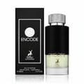 Maison Alhambra Encode By Maison Alhambra 100ml for Man — A black box with a white circular logo and the word ENCODE, next to a clear glass perfume bottle with a black textured band and silver cap, showing light green liquid. | Maison Alhambra Encode By Maison Alhambra 100ml for Man — Kotak hitam dengan logo bulat