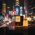 Maison Alhambra Eternal Touch by Maison Alhambra 80ml EDP — A perfume bottle and its box are displayed on a reflective surface with a blurred, vibrant city skyline at night in the background. | Maison Alhambra Eternal Touch by Maison Alhambra 80ml EDP — Sebotol minyak wangi dan kotaknya dipamerkan di atas permukaan