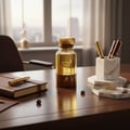 Eternal Touch by Maison Alhambra 80ml EDP — A golden perfume bottle with a brown base and deer logo sits on a polished wooden desk next to a leather-bound notebook and a marble pen holder with pens. | Eternal Touch by Maison Alhambra 80ml EDP — Botol minyak wangi keemasan dengan tapak coklat dan logo rusa diletakkan