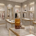 Maison Alhambra Eternal Touch by Maison Alhambra 80ml EDP — A clear glass perfume bottle with amber liquid and a gold cap sits on a marble surface in a luxury boutique, with clothing racks and display cases in the background. | Maison Alhambra Eternal Touch by Maison Alhambra 80ml EDP — Botol minyak wangi kaca jernih