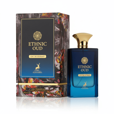Maison Alhambra Ethnic Oud — A rectangular blue glass perfume bottle with a gold cap stands next to its matching patterned box, both featuring the Ethnic Oud logo and a deer silhouette. | Maison Alhambra Ethnic Oud — Botol kaca biru berbentuk segi empat dengan penutup emas berdiri di sebelah kotak bermotif yang