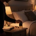 Maison Alhambra Exquisite Club By Maison Alhambra For Men 100ml — Man's hand reaching for a perfume bottle on a nightstand next to an open book and a watch. | Maison Alhambra Exquisite Club By Maison Alhambra For Men 100ml — Tangan lelaki mencapai botol minyak wangi di meja sisi katil bersebelahan buku terbuka dan jam