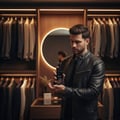 Maison Alhambra Exquisite Club By Maison Alhambra For Men 100ml — A man in a black leather jacket holds a dark perfume bottle in a walk-in closet with suits on hangers. | Maison Alhambra Exquisite Club By Maison Alhambra For Men 100ml — Seorang lelaki memakai jaket kulit hitam memegang botol minyak wangi gelap di