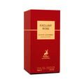 Maison Alhambra Exclusif Rose Maison Alhambra 100ml EDP — A red perfume box with a gold accent panel featuring the text 'EXCLUSIF ROSE' and 'MAISON ALHAMBRA COLLECTION'. A deer logo is also visible. | Maison Alhambra Exclusif Rose Maison Alhambra 100ml EDP — Kotak minyak wangi merah dengan panel aksen emas yang