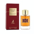 Maison Alhambra Exclusif Rose — A red box and a glass perfume bottle with golden cap and amber liquid, both featuring gold text and a deer logo. | Maison Alhambra Exclusif Rose — Kotak merah dan botol minyak wangi kaca dengan penutup emas dan cecair ambar, kedua-duanya menampilkan teks emas dan logo rusa.