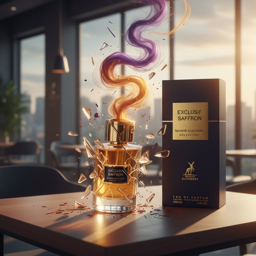Maison Alhambra Exclusif Saffron – A glass perfume bottle with gold accents, shattered glass fragments, and swirling purple and orange vapor rising from the cap, set on a wooden table with a dark box beside it. | Maison Alhambra Exclusif Saffron – Botol minyak wangi kaca dengan aksen emas, serpihan kaca pecah, dan wap