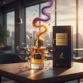 Maison Alhambra Exclusif Saffron – A glass perfume bottle with gold accents, shattered glass fragments, and swirling purple and orange vapor rising from the cap, set on a wooden table with a dark box beside it. | Maison Alhambra Exclusif Saffron – Botol minyak wangi kaca dengan aksen emas, serpihan kaca pecah, dan wap