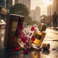 Maison Alhambra Exclusif Tabac – A broken brown box spills red and purple flower petals and wooden sticks onto a wet street, with a golden perfume bottle lying on its side. | Maison Alhambra Exclusif Tabac – Kotak coklat yang pecah menumpahkan kelopak bunga merah dan ungu serta batang kayu ke jalan basah, dengan botol