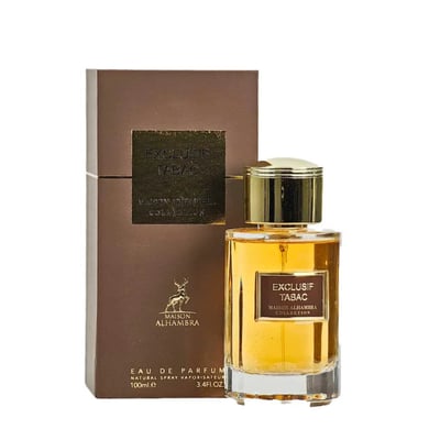 Maison Alhambra Exclusif Tabac — Brown box and amber glass perfume bottle with gold cap, featuring deer logo and text details. | Maison Alhambra Exclusif Tabac — Kotak coklat dan botol minyak wangi kaca berwarna ambar dengan penutup emas, menampilkan logo rusa dan butiran teks.