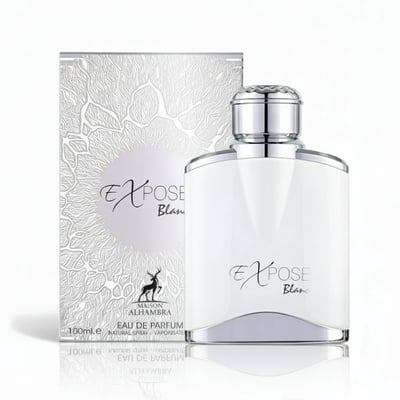 Maison Alhambra Expose Blanc by Maison Alhambra 100ml EDP Men — A white perfume bottle and its matching box with intricate silver line art, set against a white background with a subtle reflection. | Maison Alhambra Expose Blanc by Maison Alhambra 100ml EDP Men — Botol minyak wangi putih dan kotaknya yang sepadan