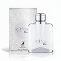 Maison Alhambra Expose Blanc by Maison Alhambra 100ml EDP Men — A white perfume bottle and its matching box with intricate silver line art, set against a white background with a subtle reflection. | Maison Alhambra Expose Blanc by Maison Alhambra 100ml EDP Men — Botol minyak wangi putih dan kotaknya yang sepadan