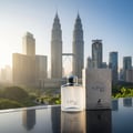 Maison Alhambra Expose Blanc by Maison Alhambra 100ml EDP Men — A frosted glass perfume bottle and its box sit on a reflective surface with the Petronas Twin Towers and a cityscape in the background during sunrise. | Botol minyak wangi kaca beku dan kotaknya terletak di permukaan reflektif dengan Menara Berkembar