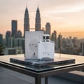 Maison Alhambra Expose Blanc by Maison Alhambra 100ml EDP Men — A white perfume bottle and its silver patterned box sit on a marble slab on a glass table, with the Petronas Twin Towers and Kuala Lumpur skyline in the background at sunset. | Maison Alhambra Expose Blanc by Maison Alhambra 100ml EDP Men — Botol minyak