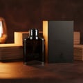 Maison Alhambra Expose Intense by Maison Alhambra – 100 ml for Men — A dark glass perfume bottle and its black embossed box sit on a textured brown surface, with wooden blocks and a lamp in the background. | Maison Alhambra Expose Intense by Maison Alhambra – 100 ml for Men — Botol minyak wangi kaca gelap dan kotaknya