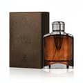 Maison Alhambra Expose Intense by Maison Alhambra – 100 ml for Men — A brown glass perfume bottle with a silver cap sits next to its matching brown textured box on a white reflective surface. | Maison Alhambra Expose Intense by Maison Alhambra – 100 ml for Men — Botol minyak wangi kaca perang dengan penutup perak
