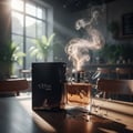 Expose Intense by Maison Alhambra – A glass perfume bottle with amber liquid and smoke rising from the cap, next to its black box, with shattered glass fragments and coffee beans scattered on a wooden table. | Expose Intense oleh Maison Alhambra – Botol minyak wangi kaca dengan cecair ambar dan asap naik dari