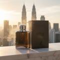 Maison Alhambra Expose Intense — A glass perfume bottle with amber liquid and a silver cap, next to its brown textured box, with a city skyline and twin towers in the background at sunset, wisps of vapor rising from the bottle. | Maison Alhambra Expose Intense — Botol minyak wangi kaca berisi cecair ambar dan penutup