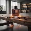 Maison Alhambra Expose Intense by Maison Alhambra – 100 ml for Men — A brown glass perfume bottle sits on a rustic wooden table surrounded by coffee beans and sparkling embers | Maison Alhambra Expose Intense by Maison Alhambra – 100 ml for Men — Botol kaca perang jenama Expose Intense oleh Maison Alhambra terletak di
