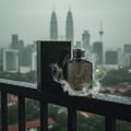 Maison Alhambra Expose Intense by Maison Alhambra – 100 ml for Men — A perfume bottle and its box sit on a wet railing with a cityscape and skyscrapers in the background, with wisps of smoke and green grass around the bottle. | Maison Alhambra Expose Intense by Maison Alhambra – 100 ml for Men — Botol minyak wangi dan