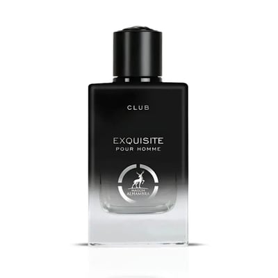 Maison Alhambra Exquisite Club By Maison Alhambra For Men 100ml — A black and clear glass perfume bottle with a black cap, featuring white text and a silver deer logo | Maison Alhambra Exquisite Club By Maison Alhambra For Men 100ml — Botol kaca hitam dan jernih dengan penutup hitam, menampilkan teks putih dan logo