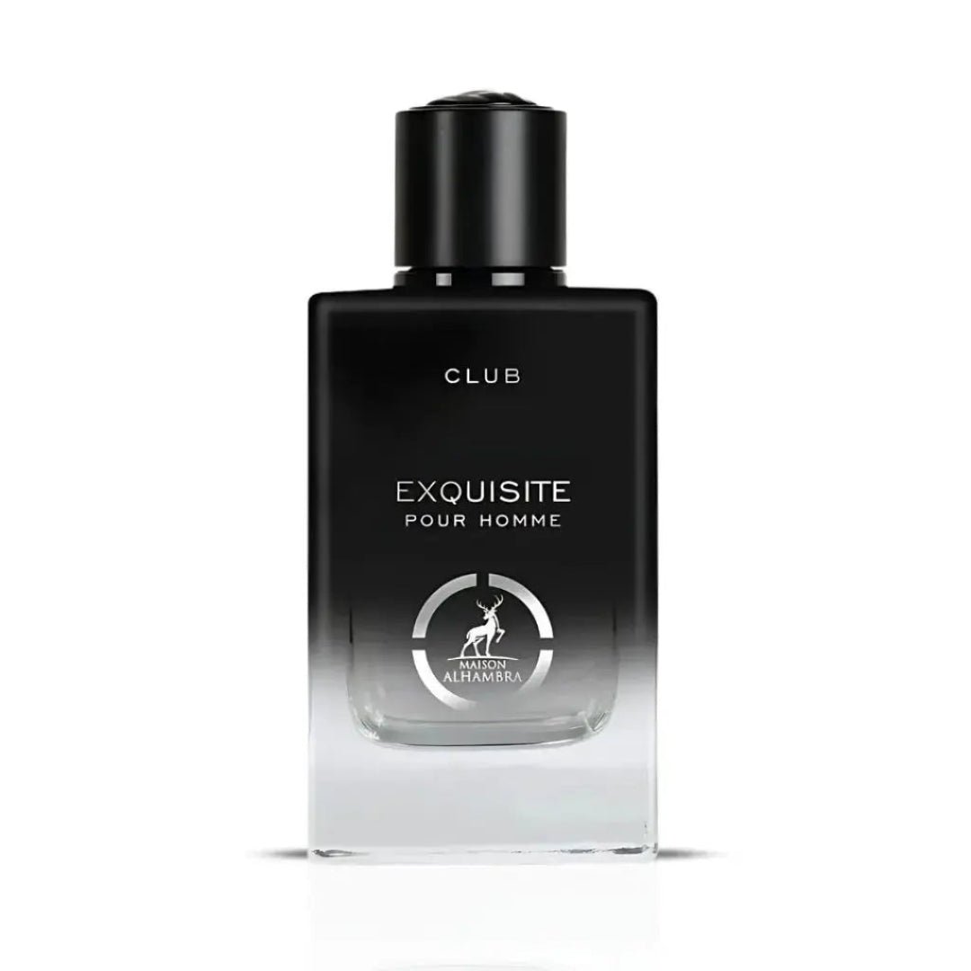 Maison Alhambra Exquisite Club By Maison Alhambra For Men 100ml — A black and clear glass perfume bottle with a black cap, featuring white text and a silver deer logo | Maison Alhambra Exquisite Club By Maison Alhambra For Men 100ml — Botol kaca hitam dan jernih dengan penutup hitam, menampilkan teks putih dan logo