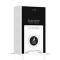 Maison Alhambra Exquisite Club By Maison Alhambra For Men 100ml — A white and black perfume box with the text 'CLUB EXQUISITE POUR HOMME EAU DE PARFUM' and a circular logo with a deer silhouette. | Maison Alhambra Exquisite Club By Maison Alhambra For Men 100ml — Kotak minyak wangi putih dan hitam dengan teks 'CLUB