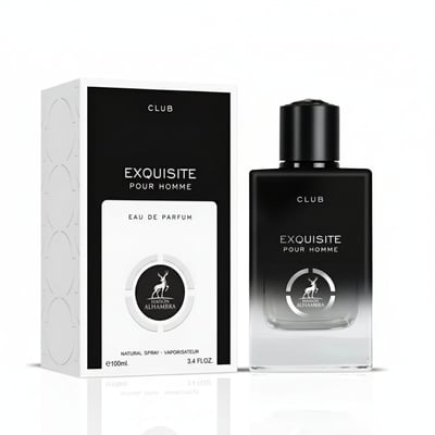 Maison Alhambra Exquisite Club By Maison Alhambra For Men 100ml — A black and white perfume box stands next to its matching perfume bottle, both featuring the 'Exquisite Pour Homme' label and a deer logo. | Maison Alhambra Exquisite Club By Maison Alhambra For Men 100ml — Kotak minyak wangi hitam putih berdiri di
