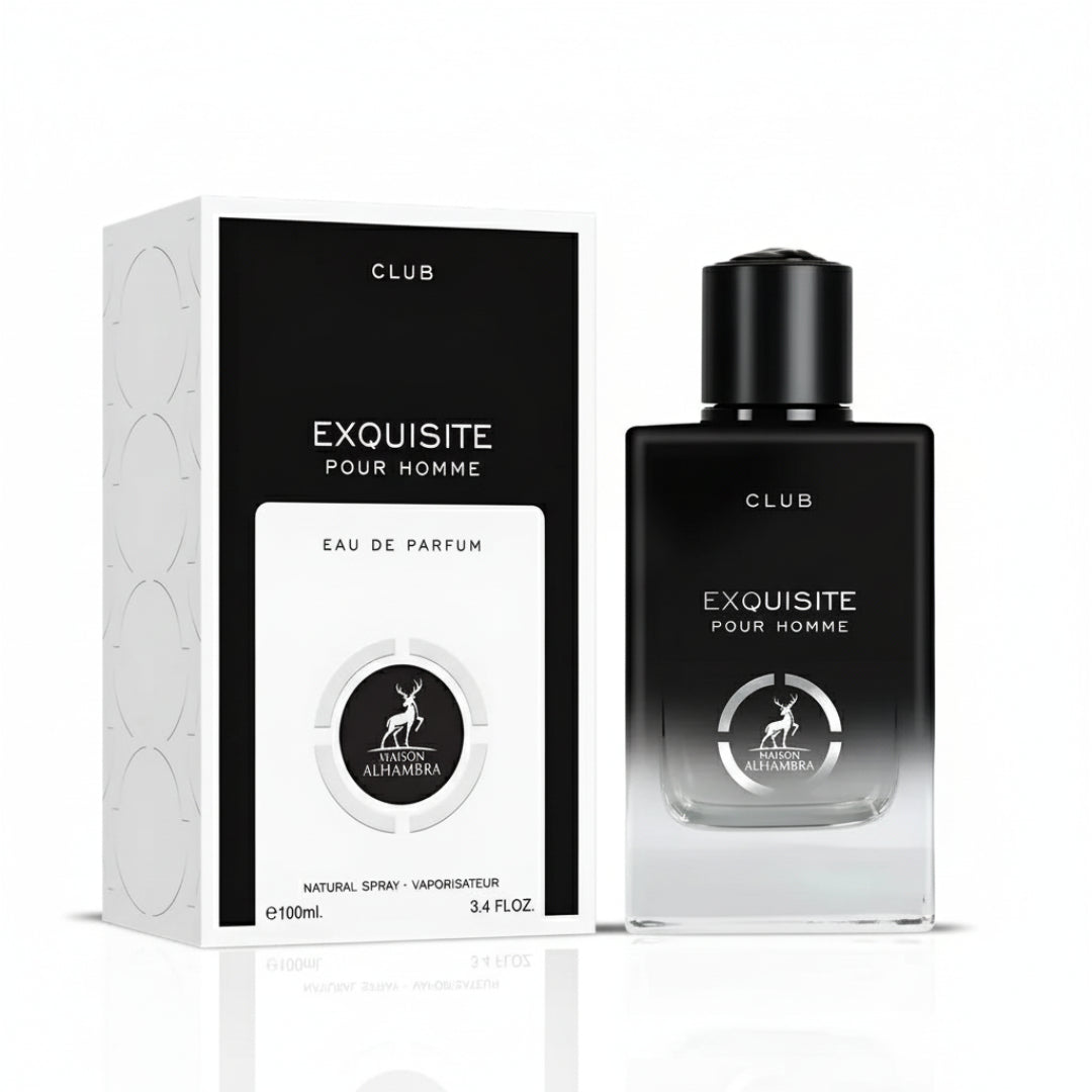 Maison Alhambra Exquisite Club By Maison Alhambra For Men 100ml — A black and white perfume box stands next to its matching perfume bottle, both featuring the 'Exquisite Pour Homme' label and a deer logo. | Maison Alhambra Exquisite Club By Maison Alhambra For Men 100ml — Kotak minyak wangi hitam putih berdiri di