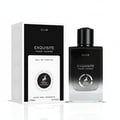 Maison Alhambra Exquisite Club By Maison Alhambra For Men 100ml — A black and white perfume box stands next to its matching perfume bottle, both featuring the 'Exquisite Pour Homme' label and a deer logo. | Maison Alhambra Exquisite Club By Maison Alhambra For Men 100ml — Kotak minyak wangi hitam putih berdiri di