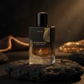 Maison Alhambra Exquisite Prive Maison Alhambra 100 ml EDP Men — A black and gold perfume bottle sits on a dark, textured rock, with a blurred background of shimmering gold fabric and bokeh lights. | Maison Alhambra Exquisite Prive Maison Alhambra 100 ml EDP Men — Botol minyak wangi hitam dan emas diletakkan di atas