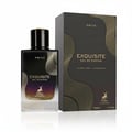 Maison Alhambra Exquisite Prive — A clear glass perfume bottle with a black cap and a gradient of purple to amber liquid, next to its matching black and gold patterned box. | Maison Alhambra Exquisite Prive — Botol minyak wangi kaca jernih bertutup hitam dan cecair gradien ungu ke ambar, bersebelahan dengan kotak