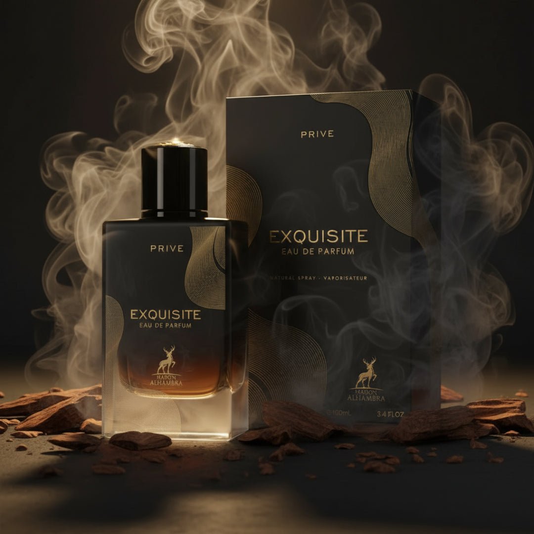 Maison Alhambra Exquisite Prive — A black perfume bottle and its box are displayed with wisps of smoke and pieces of wood | Botol minyak wangi hitam dan kotaknya dipamerkan dengan kepulan asap dan kepingan kayu