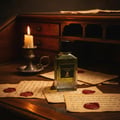 Maison Alhambra Extravagant Lover by Maison Alhambra – 100 ml — A vintage-style desk scene with a lit candle in a metal holder, a bottle of Extravagant Lover perfume, and old letters sealed with wax. | Maison Alhambra Extravagant Lover by Maison Alhambra – 100 ml — Adegan meja gaya vintaj dengan lilin menyala dalam