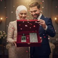 Maison Alhambra Extravagant Lover by Maison Alhambra – 100 ml — A couple in formal attire opens a red velvet gift box containing a perfume bottle and a card, with heart confetti falling around them. | Maison Alhambra Extravagant Lover by Maison Alhambra – 100 ml — Sepasang suami isteri berpakaian formal membuka kotak