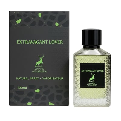 Maison Alhambra Extravagant Lover – A black perfume box with green abstract shapes and a deer logo sits next to a clear glass bottle of light green perfume with a black cap and a black label featuring a deer logo and the product name. | Maison Alhambra Extravagant Lover – Kotak minyak wangi hitam dengan bentuk abstrak