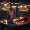 Maison Alhambra Extravagant Lover by Maison Alhambra – 100 ml — A perfume box sits on a wooden table with scattered rose petals, strawberries, blueberries, blackberries, and two roses. The background shows a blurred night market scene with lights. | Maison Alhambra Extravagant Lover by Maison Alhambra – 100 ml —
