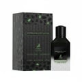 Maison Alhambra Extravagant Lover — A dark green glass perfume bottle with a black cap and a gradient of white at the bottom, placed next to its matching patterned box with green accents. | Maison Alhambra Extravagant Lover — Botol minyak wangi kaca hijau gelap dengan penutup hitam dan gradien putih di bahagian bawah