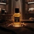 Maison Alhambra Extravagant Lover by Maison Alhambra – 100 ml — A clear glass perfume bottle with golden liquid sits on a dark brown cloth, surrounded by vanilla pods, with golden sparkles in the air. | Maison Alhambra Extravagant Lover by Maison Alhambra – 100 ml — Botol minyak wangi kaca jernih dengan cecair