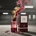 Maison Alhambra Flaming Elixir — A bottle of amber and burgundy Eau de Parfum stands next to its matching burgundy box with a white label. | Maison Alhambra Flaming Elixir — Sebotol Eau de Parfum berwarna kuning dan burgundy berdiri di sebelah kotak burgundy yang sepadan dengan label putih.